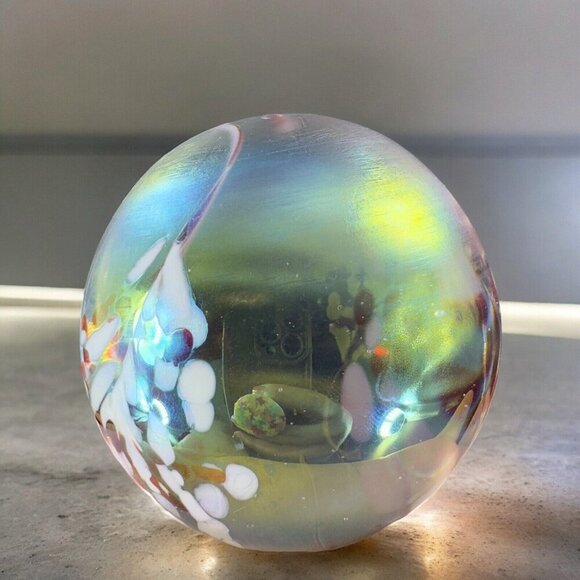 Hand Made Art Glass Paperweight Orb Polished Bottom Iridescent Glass Decor VTG - Picture 3 of 15